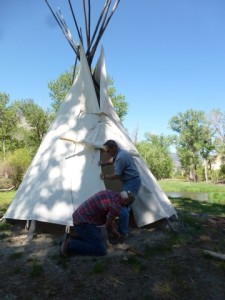 Setting up tepees, Idaho Campgrounds